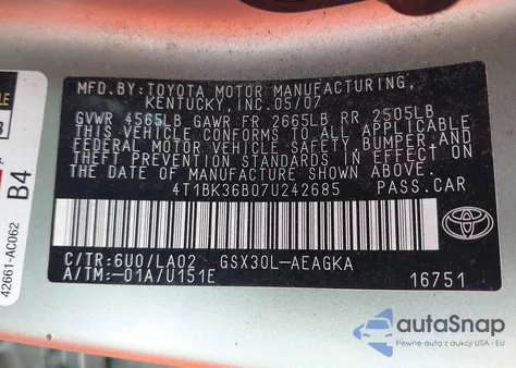 2007 Toyota Avalon Xls from USA, damaged, VIN 4T1BK36B07U242685